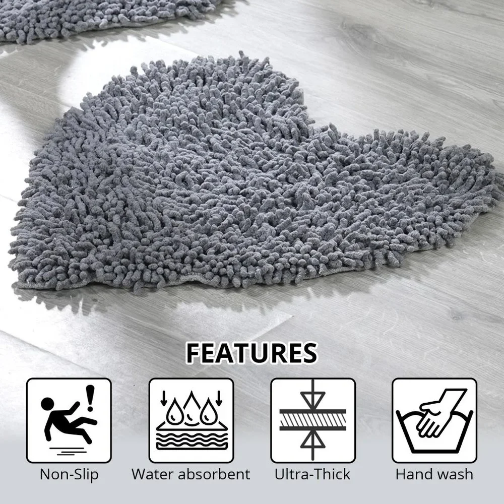 NEW Set of 2 Dark Grey Chenille Shaggy Heart Cotton Bath Mat with Anti Skid Back